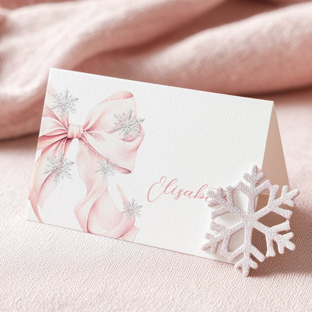 Cartão de lugar de mesa de inverno com laço rosa (Criador carregado)