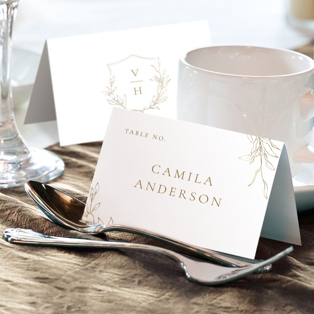 Cartão de lugar de monograma de crista botânica si (Gold simple botanical crest monogram place card)