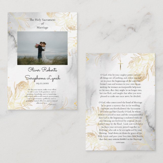 Cartão De Lugar Delicate Gold Roses Catholic Wedding Prayer Card (Frente/Verso)