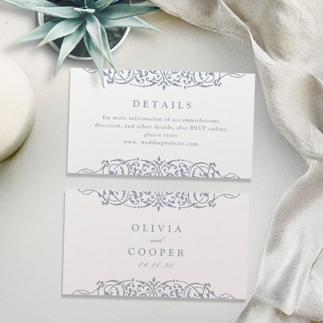 Cartão De Lugar Detalhes do Casamento da Frame do Ornamentado Dust (Dusty Blue Vintage Ornate Frame Wedding Details Place Card)