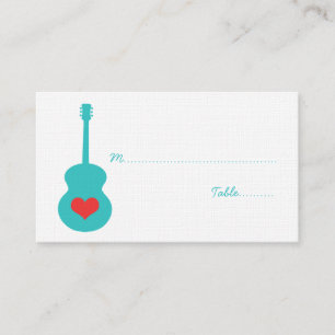 Cartão de lugar do coração de guitarra aqua/vermel