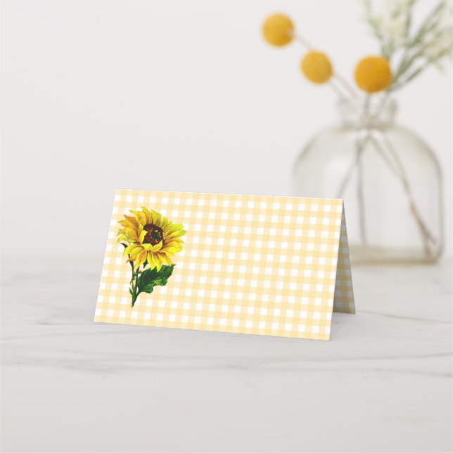 Cartão de Lugar Dobrado de Gingham Amarelo (Frente)