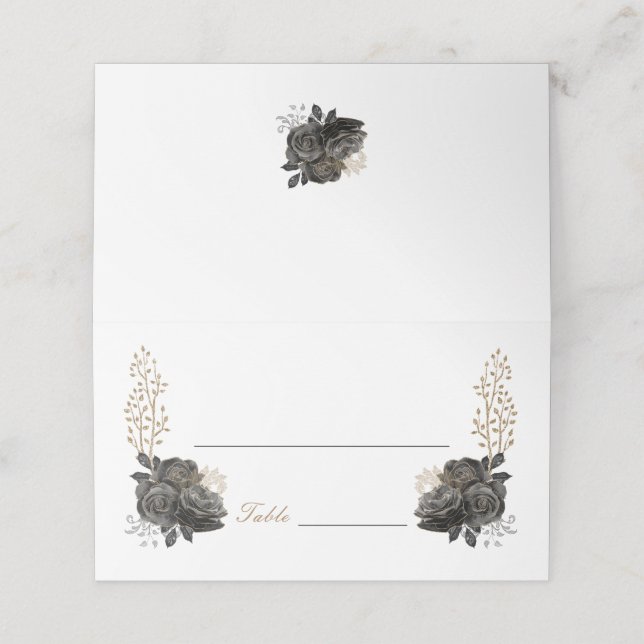 Cartão de lugar dobrado de Quinceañera preto e Dou (Exterior/Desdobrado)