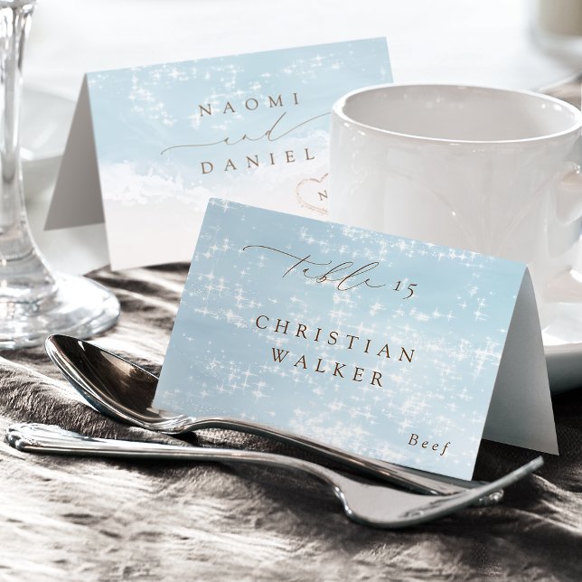 Cartão de lugar dobrável Modern Script Hearts Beac (Modern Script Hearts Beach Foldable Place Card)