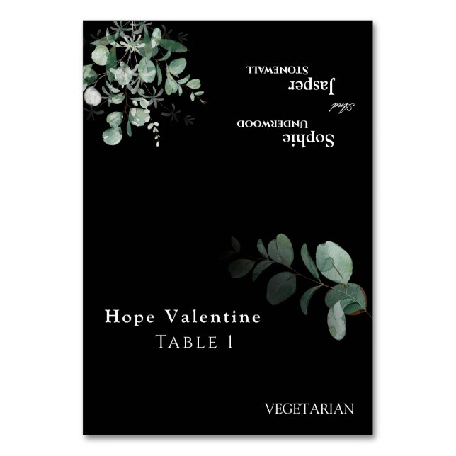 Cartão de Lugar dobrável para Casamento Negro Verd (Frente)