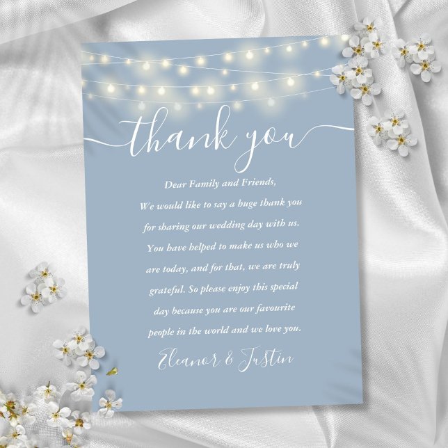 Cartão De Lugar Dusty Blue String Lights Casamento Obrigado Place (Dusty Blue String Lights Wedding Thank You Place Place Card)