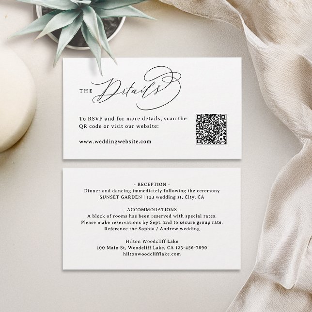 Cartão De Lugar Elegant Swirl Script QR Code Wedding Details (Elegant Swirl Script QR Code Wedding Details Place Card)