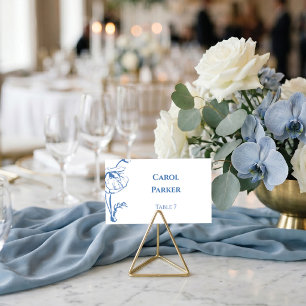 Cartão De Lugar Elegante Arte Linear Floral em Azul Poeirento para
