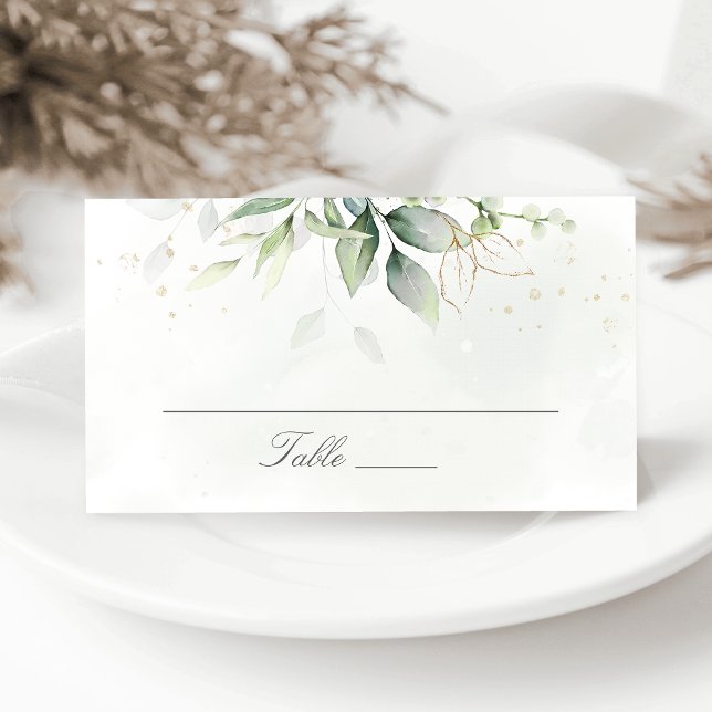Cartão De Lugar Elegante Eucalyptus Deixa Casamento Dourado Verde (Criador carregado)