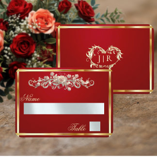 Cartão De Lugar Elegante Rosa em Voluta e Monograma de Coração - V