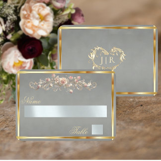Cartão De Lugar Elegante Rosa em Voluta & Monograma de Coração - S