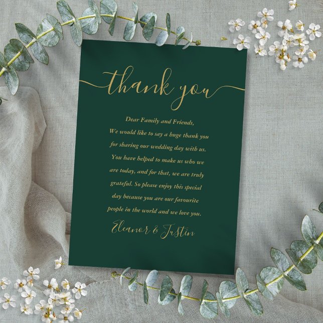 Cartão De Lugar Emerald Green E Dourado Casamento De Escritos Obri (Emerald Green And Gold Script Wedding Thank You Place Card)
