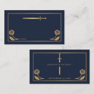 Cartão De Lugar Espada Real Medieval Azul Dourada Casamento