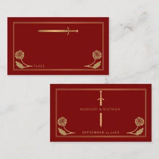 Cartão De Lugar Espada Real Medieval Escarlate Dourada Casamento