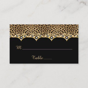 Cartão De Lugar Estampa de Leopardo Preto com Ouro e Diamantes
