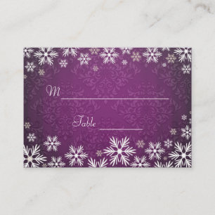 Cartão De Lugar Flocos de neve e Casamento tema damasco roxo