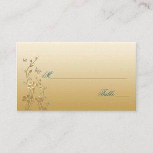 Cartão De Lugar Floral Dourado e Teal com Placas de Borboletas