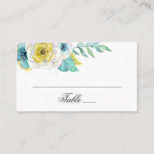 Cartão De Lugar Flores azuis e amarelas de aquarela. Casamento de