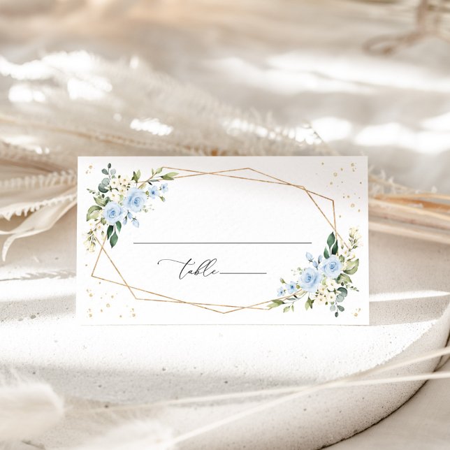Cartão De Lugar Flores Azuis, Flores Brancas, Verdura, Casamento (Criador carregado)