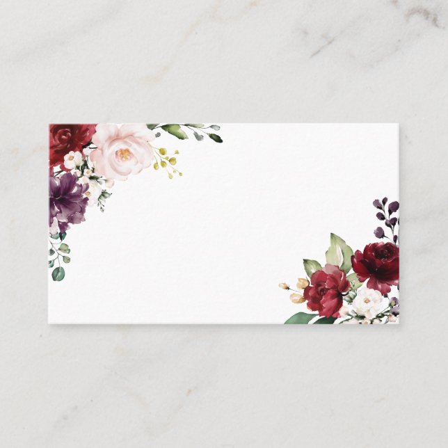 Cartão De Lugar Flores de Aquarela Vermelhas e Roxas Boho (Frente)