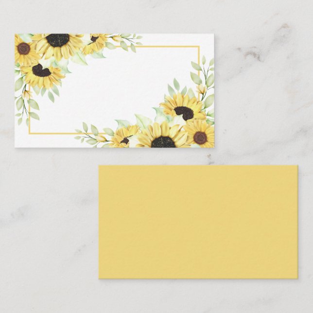 Cartão De Lugar Girassóis Aquarela Amarelo Casamento Floral (Frente/Verso)
