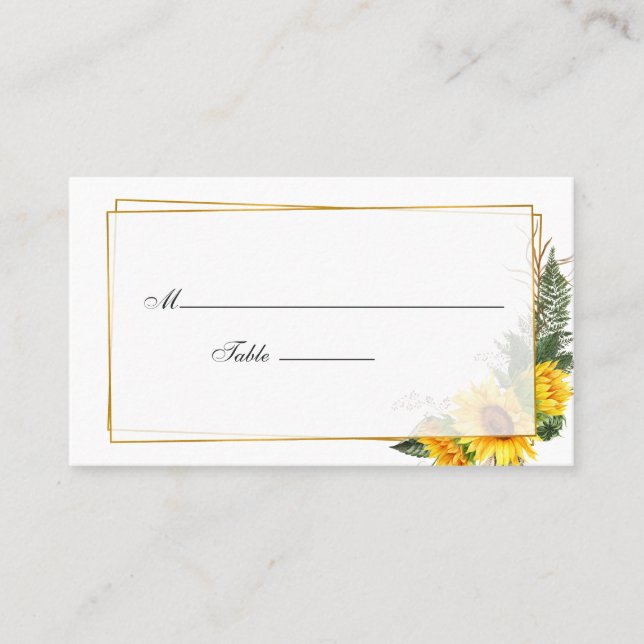 Cartão De Lugar Girassol Aquarela Casamento Geométrico Rústico (Frente)