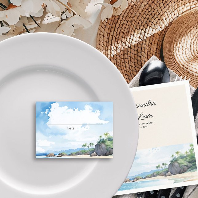 Cartão De Lugar Horizonte Tropical de Casamento de Praia Watercolo (Wedding table place cards from the Summer Beach Wedding Collection by Darling & May)
