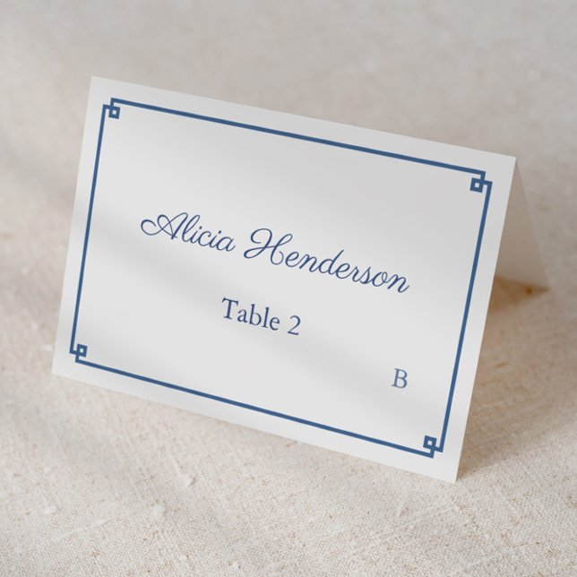 Cartão de lugar individual para chá de noiva em es (Dark blue and white greek key border with chinoiserie print backer individual place cards)
