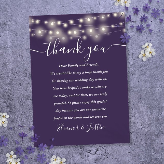 Cartão De Lugar Luzes De Corda Roxa Casamento Obrigado Place (Purple String Lights Wedding Thank You Place Place Card)