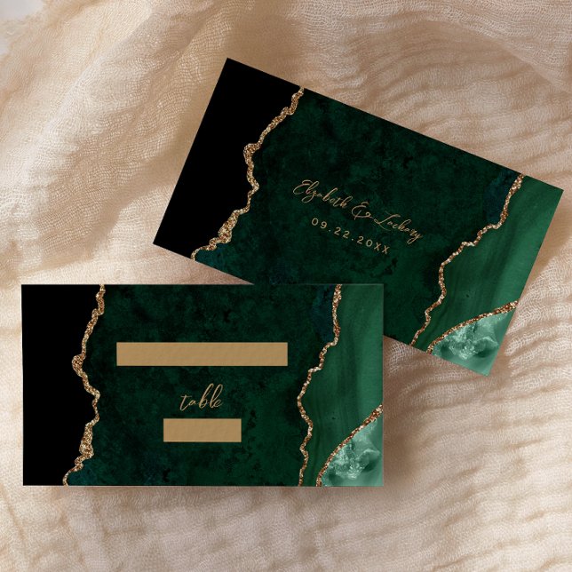 Cartão De Lugar Mesa de Casamento de Script Agate Dourado Emerald  (Criador carregado)