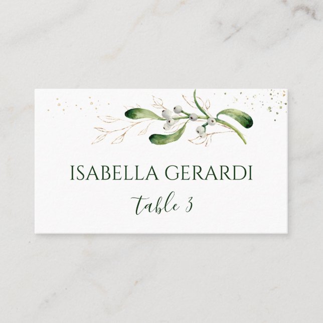Cartão De Lugar Mistletoe Dourado Foliage Confetti Wedding (Frente)