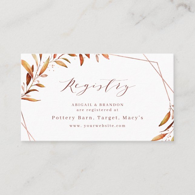 Cartão De Lugar Modern Fall Greenery Rustic Bridal Registry Card (Frente)