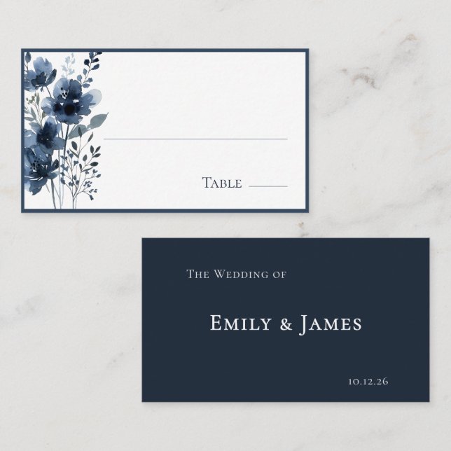 Cartão De Lugar Navy Blue Botanical Wedding (Frente/Verso)