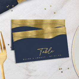Cartão De Lugar Ondas Esculturais Casamento Azul Naval Dourado ID1
