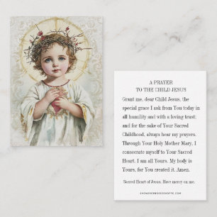 Cartão De Lugar Oração Religiosa ao Menino Jesus do Sagrado Coraçã