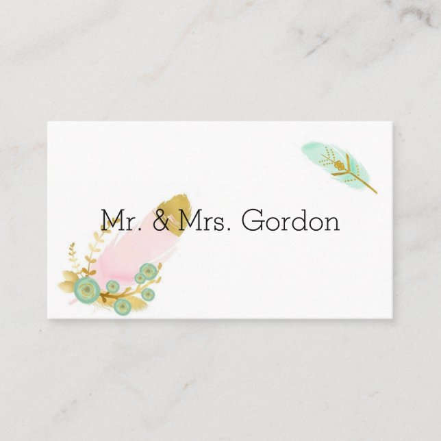 Cartão De Lugar Penas Douradas e rosa-boho (Frente)