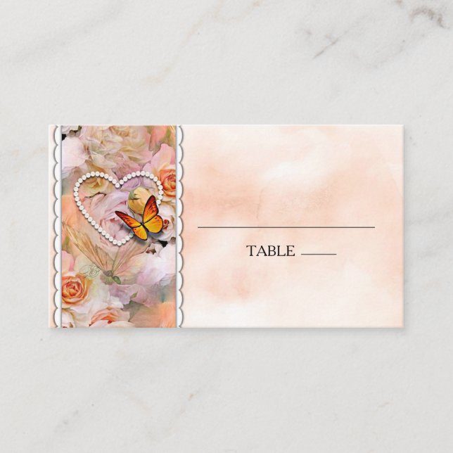 Cartão De Lugar Pérolas Cardíacas Rosas Laranja Borboletas Florais (Frente)