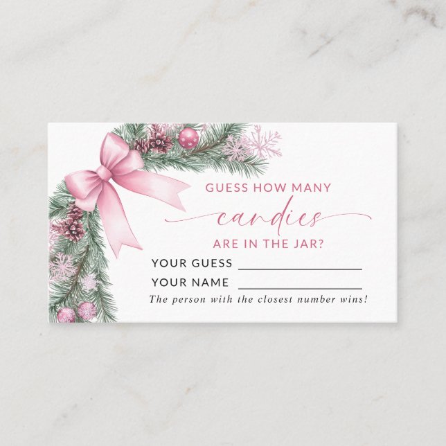 Cartão De Lugar Pink Bow Christmas How Many Candies Game Card (Frente)