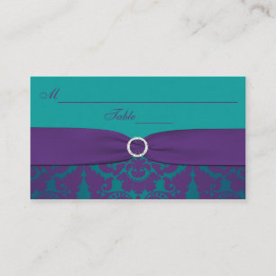 Cartão De Lugar Placecards de Casamento Roxo, Teal Damask