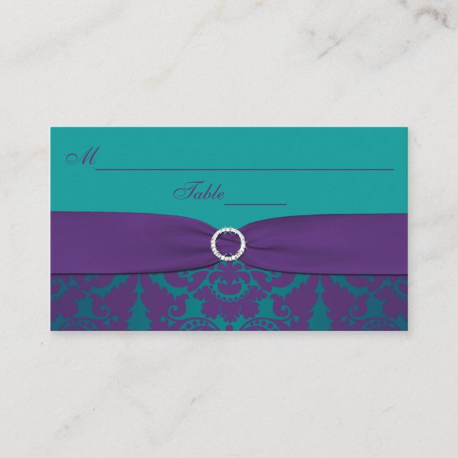 Cartão De Lugar Placecards de Casamento | Roxo, Teal Damask (Frente)