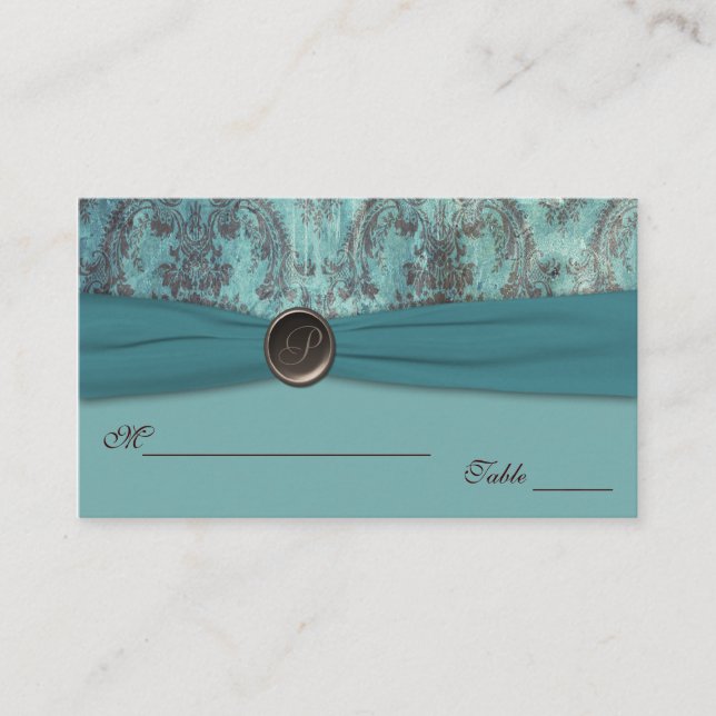 Cartão De Lugar Placecards Teal e Brown Damask (Frente)
