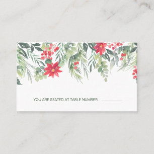 Cartão De Lugar Poinsettia Pine Green Foliage Red Berry Place Card