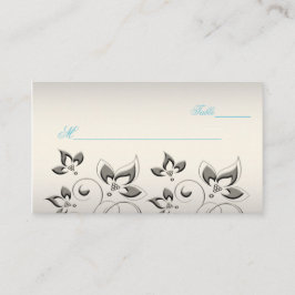 Cartão De Lugar Prata, Aqua e Placas Florais Pretas