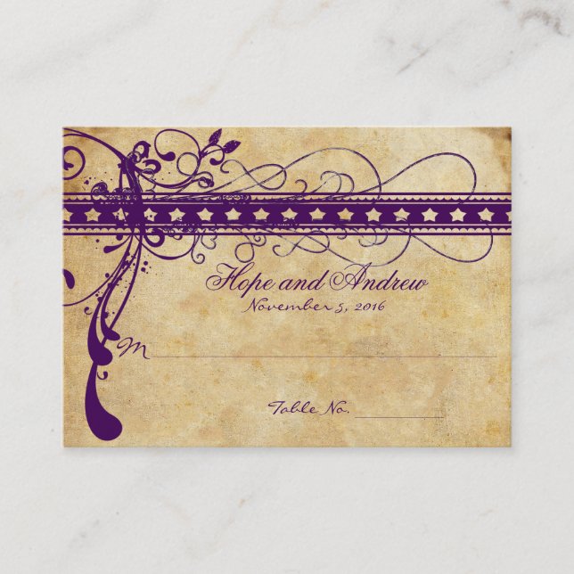 Cartão De Lugar Renascimento Medieval Dourado  Roxo  Rústico (Frente)