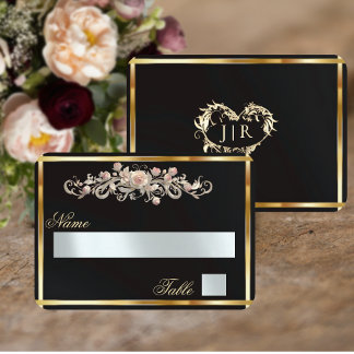 Cartão De Lugar Rosa Elegante com Floral e Monograma de Coração - 