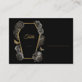 Cartão De Lugar Rosas Pretos e Dourados Coffin Gothic Wedding Flat