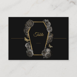 Cartão De Lugar Rosas Pretos Góticos e Dourados Coffin Wedding Fla