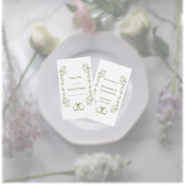 Cartão De Lugar Sage Bells Scrollwork Design Casamento (Sage wedding dinner place card bells and scrollwork design)
