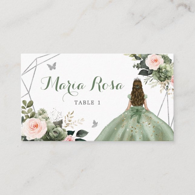Cartão De Lugar Sage Green Blush Girl Sweet 16º aniversário (Frente)