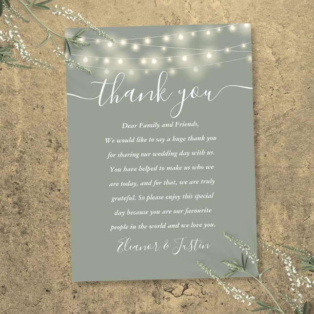 Cartão De Lugar Sage Green String Lights Casamento Obrigado Place (Sage Green String Lights Wedding Thank You Place Place Card)
